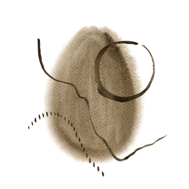 水彩抽象手绘插图与深褐色纹理形状，鳞片，圆和点。一张白色背景的棕色方形图片。图片下载