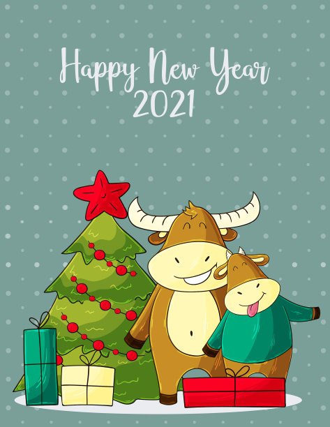 2021新年快乐儿童插画。中国新年牛年2021年图片下载