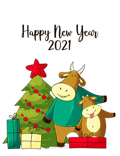 2021新年快乐儿童插画。2021年中国农历牛年图片下载