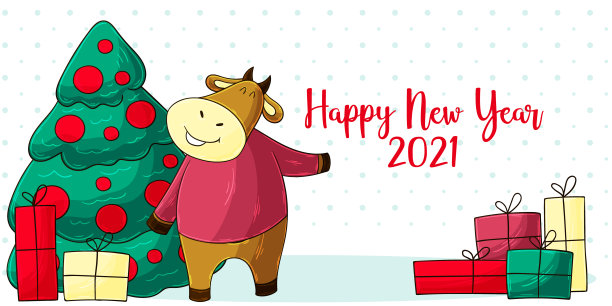 2021新年快乐儿童插画。中国新年牛年2021年图片下载