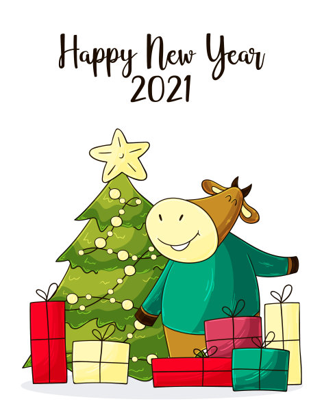 2021新年快乐儿童插画。中国新年牛年2021年图片下载