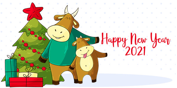 2021新年快乐儿童插画。中国新年牛年2021年图片下载