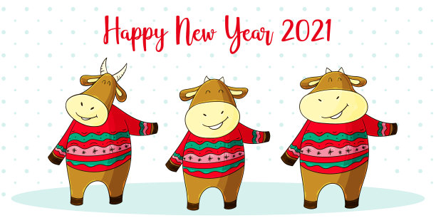2021新年快乐儿童插画。中国新年牛年2021年图片下载