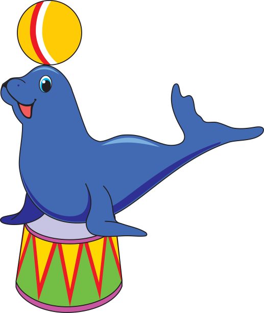 海军海豹在基座上与球，马戏团，训练，小丑，表演，儿童插图，矢量多色图片图片下载