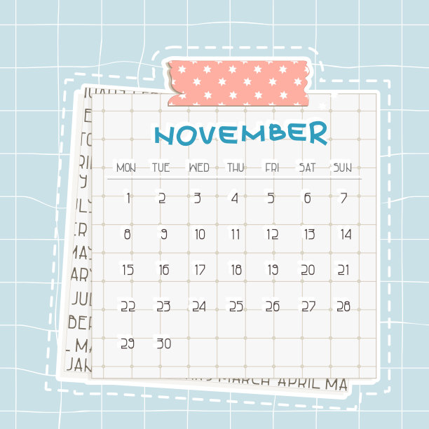 11月2021月日历。蓝色文字在方格纸上带点。在底部是一张报纸，粉红色的苏格兰，带点的图案胶带在顶部图片下载