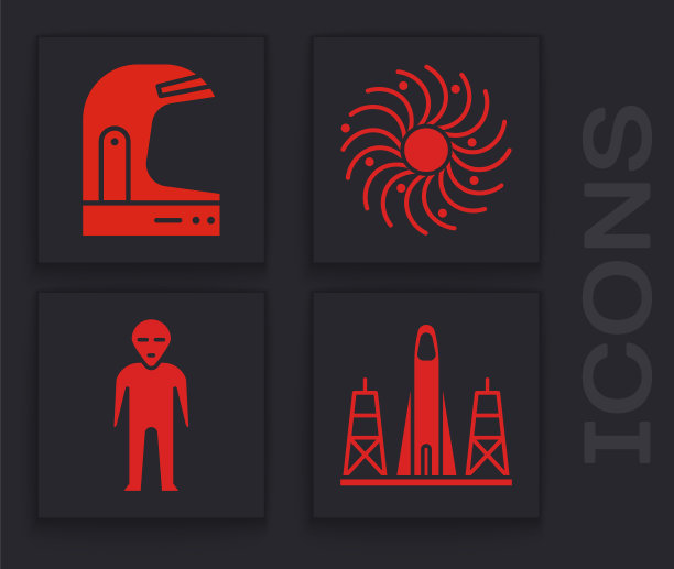 设置火箭发射从太空港，宇航员头盔，黑洞和外星人图标。向量图片下载