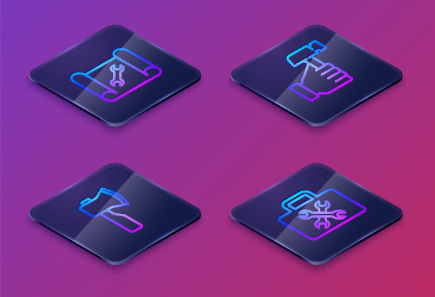 设置等距线图纸和扳手，木斧，锤子和工具箱。蓝色方块按钮。向量图片下载