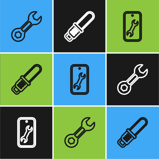 固定线扳手，移动服务和链锯图标。向量图片下载