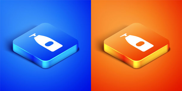 等距瓶液体抗菌皂与分配器图标隔离在蓝色和橙色背景。防腐剂。消毒、卫生、护肤。方形按钮。矢量图图片下载