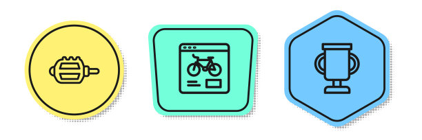 设线自行车踏板、租赁手机app、带自行车的奖杯。颜色的形状。向量图片下载