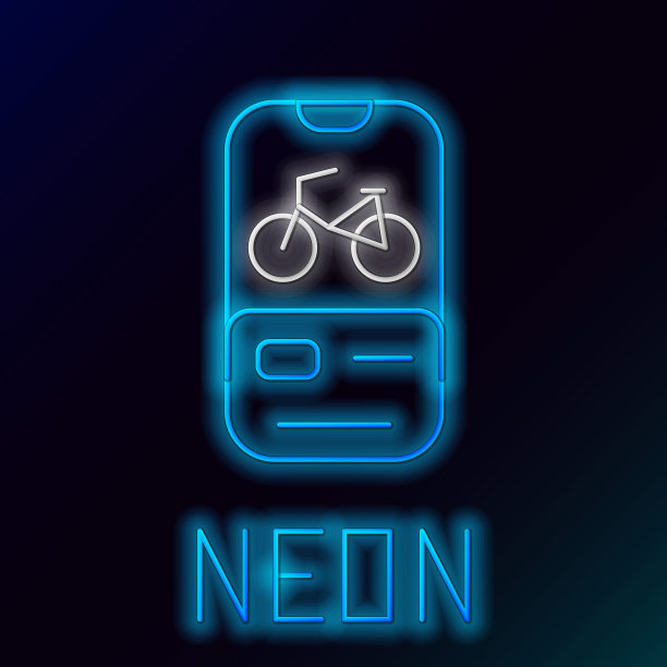 发光的霓虹灯线自行车租赁手机应用程序图标孤立在黑色的背景。智能服务，出租自行车在城市。共享系统的移动应用程序。色彩斑斓的轮廓的概念。向量图片下载