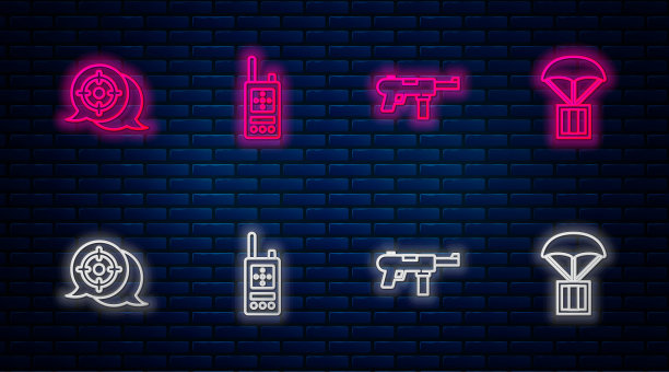 设置对讲机，冲锋枪M3，目标运动和空投箱。砖墙上发光的霓虹灯图标。向量图片下载