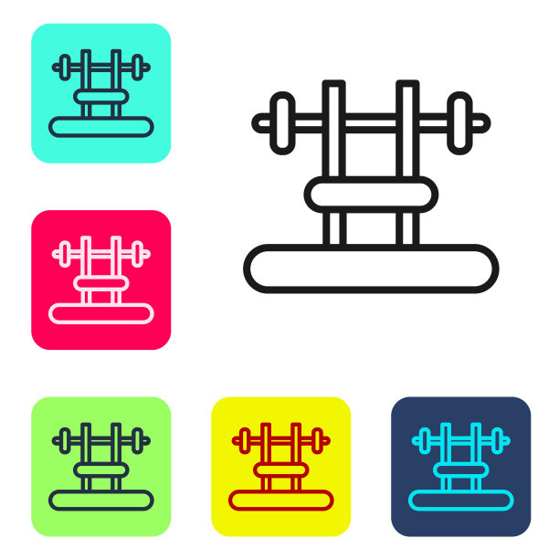黑线长凳与须状图标孤立在白色背景。健身器材。健身、举重、健身理念。设置图标的颜色方形按钮。向量图片下载