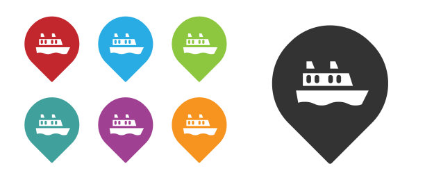 黑色位置与邮轮图标孤立在白色背景。旅游、旅游、航海运输。远航客轮、邮轮。设置图标丰富多彩。向量图片下载