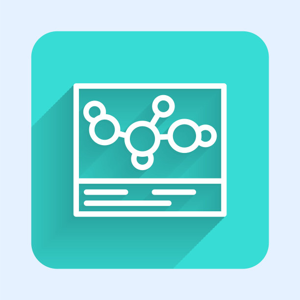 白色线化学公式图标孤立的长阴影。摘要六边形为创新医药、健康、科研和科学。绿色方形按钮。向量图片下载