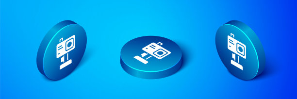 等距动作极端相机图标隔离在蓝色背景上。拍摄极限运动的摄像机设备。蓝色圆圈按钮。向量图片下载