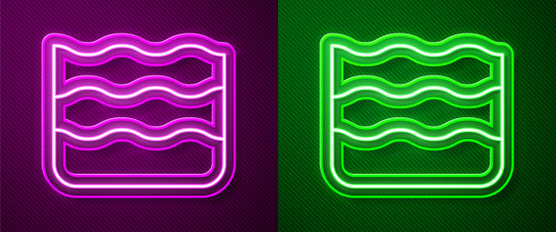 发光的霓虹灯线波图标孤立在紫色和绿色的背景。向量图片下载