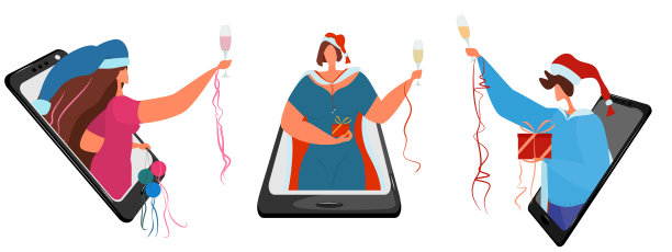 人们在网上庆祝圣诞节。男人和女人穿着圣诞狂欢节的服装，拿着香槟。远程通信。隔离期间放假图片下载