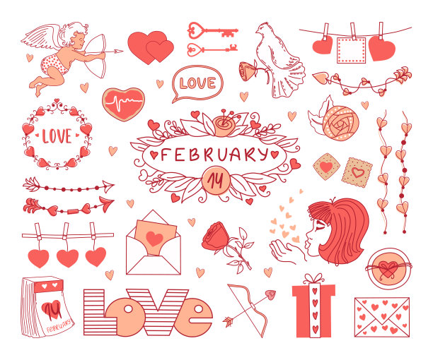 情人节套装，白色背景。矢量插图。图片下载