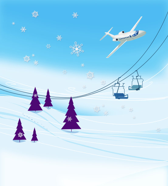 寒假在滑雪胜地。滑雪坡道与滑雪缆车和圣诞树在蓝天的背景。一架客机在拐弯。插图图片下载