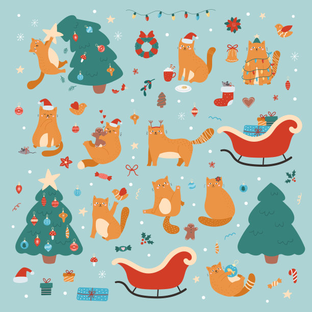 可爱的卡通向量猫，圣诞树，礼物和装饰品。新年快乐。图片下载