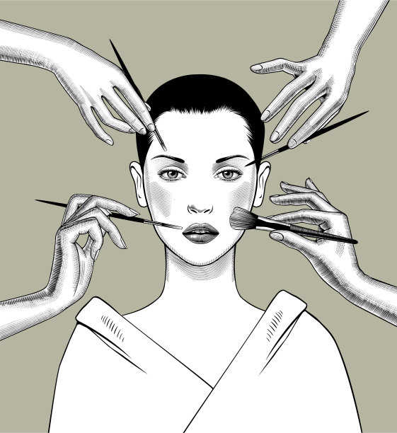 女性的手和化妆刷和女孩的头图片下载