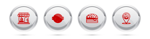 设置线烧烤购物楼，烧烤与香肠，汉堡和位置火火焰。银色圆圈按钮。向量图片下载