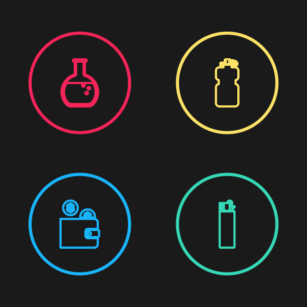 设置线钱包与硬币，打火机，运动瓶水和试管和烧瓶图标。向量图片下载