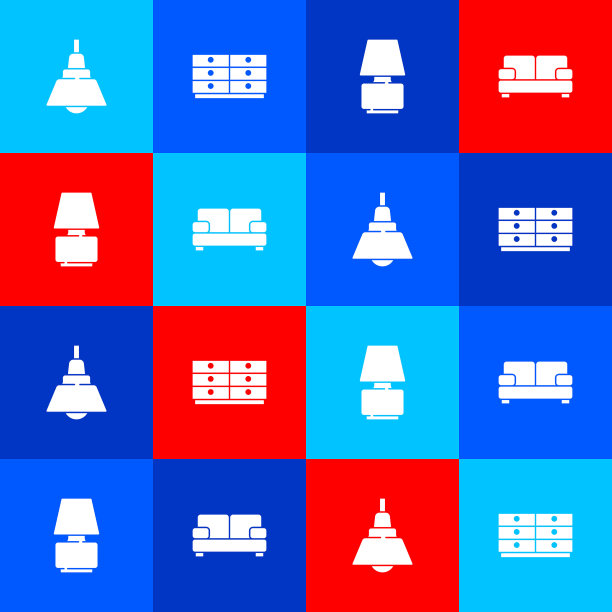 设置吊灯，五斗柜，台灯和沙发图标。向量图片下载