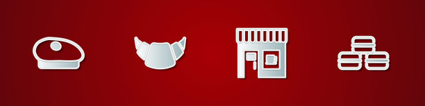 设置法国贝雷帽，羊角面包，咖啡店和马卡龙饼干图标。向量图片下载