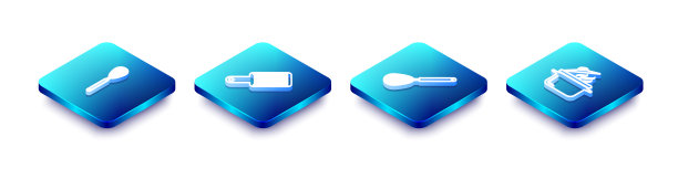 设置等距线厨房搅拌器，刨丝器，和烹饪锅图标。向量图片下载