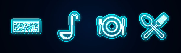 固定泡沫海绵，厨房勺子，盘子，叉子和刀和交叉勺子。发光的霓虹灯图标。向量图片下载