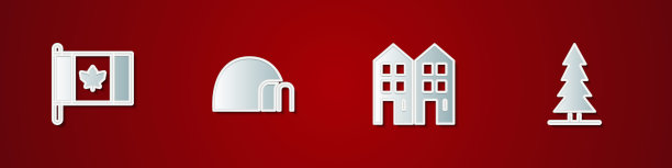 设置加拿大国旗，冰屋，房子和加拿大云杉图标。向量图片下载
