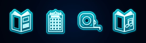 集线开卷，酒店建筑，轮盘赌建设和音频。发光的霓虹灯图标。向量图片下载