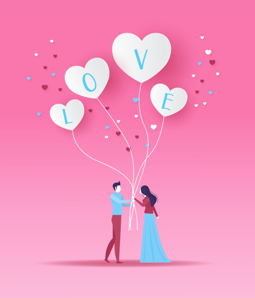 男人和女人在约会拿着白色的心形气球情人节设计矢量插画。图片下载