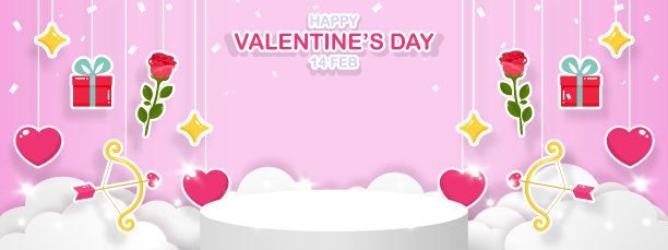 情人节快乐的旗帜装饰的象征的爱，礼盒，心，玫瑰，射手，星星，五彩纸屑，和讲台放置您的产品孤立在粉红色的背景。矢量插图。图片下载