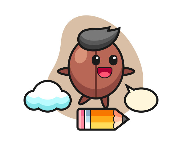 坐在巨型铅笔上的咖啡豆卡通图片下载