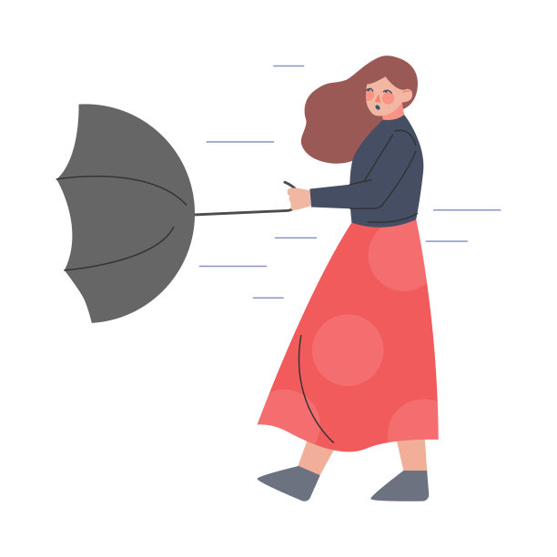 年轻女子在雨中与风撑伞在秋日矢量插图图片下载