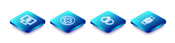 设置等距线监视器与美元，医疗十字在圆圈，结婚戒指和智能手表设置图标。向量图片下载