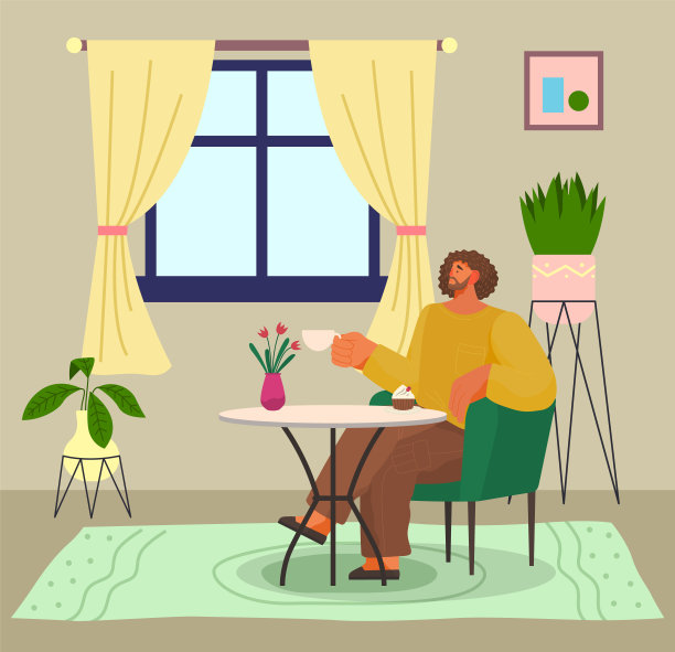 卡通卷发男人坐在桌旁喝茶吃蛋糕温馨家居室内盆栽图片下载