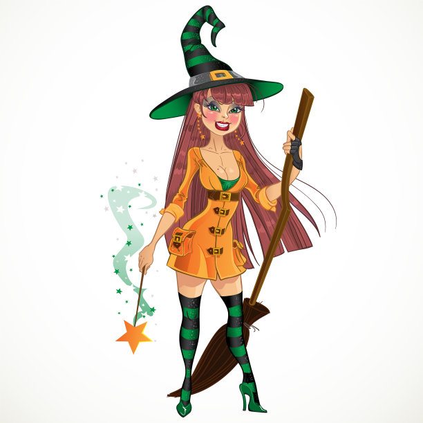 年轻的女巫有很酷的魔杖和扫帚图片下载