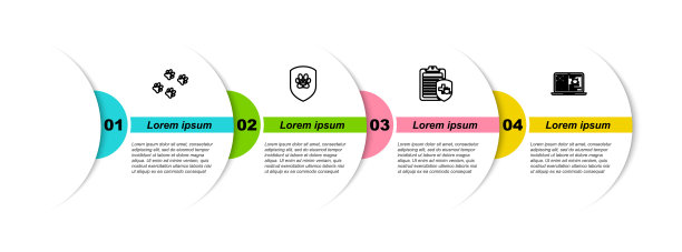 在笔记本电脑上设置行爪印，动物健康保险，临床记录宠物和猫。业务信息模板。向量图片下载