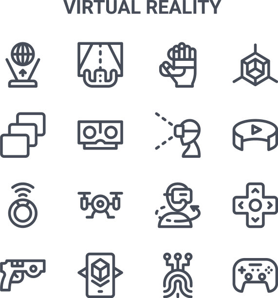 设置16个虚拟现实概念线图标图片下载