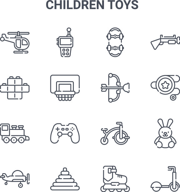 设置16个儿童玩具概念线图标64x64图片下载