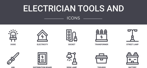 电工工具和概念线图标集图片下载