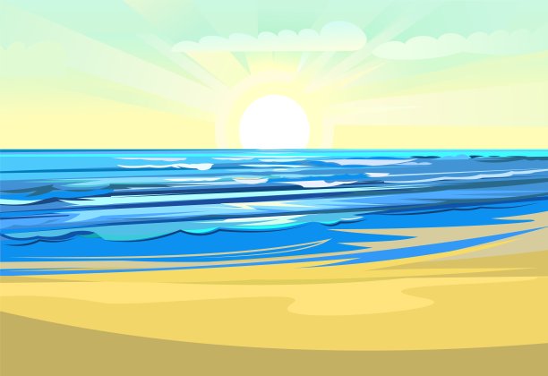 海的海岸景观。平面插画风格。海边的沙滩，夏日的天空和遥远的地平线。向量图片下载