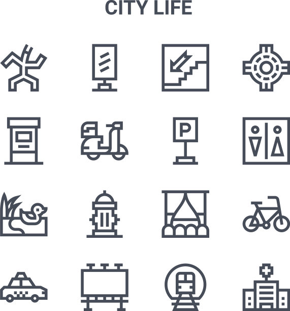 设置16个城市生活概念线图标64x64薄图片下载