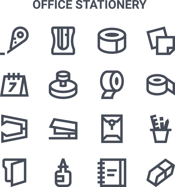 设置16个办公文具概念线图标图片下载