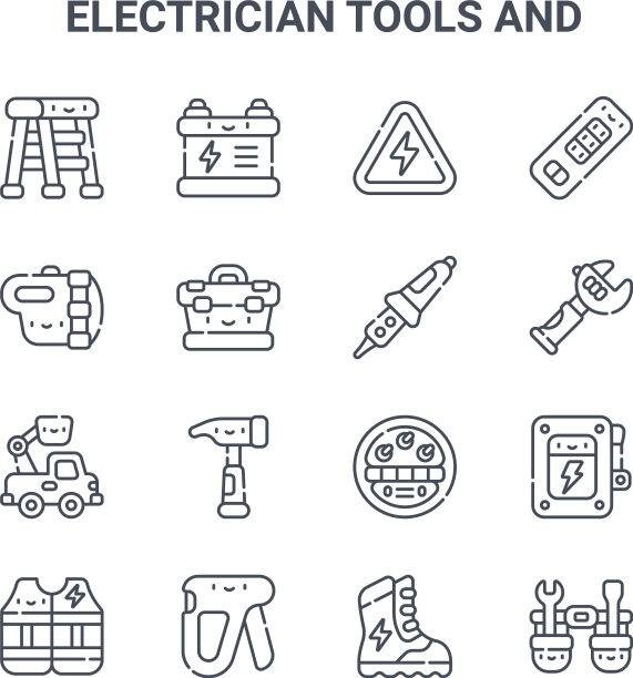 配备16个电工工具和概念线图片下载