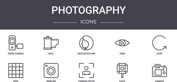 摄影概念线图标集包含图标图片下载